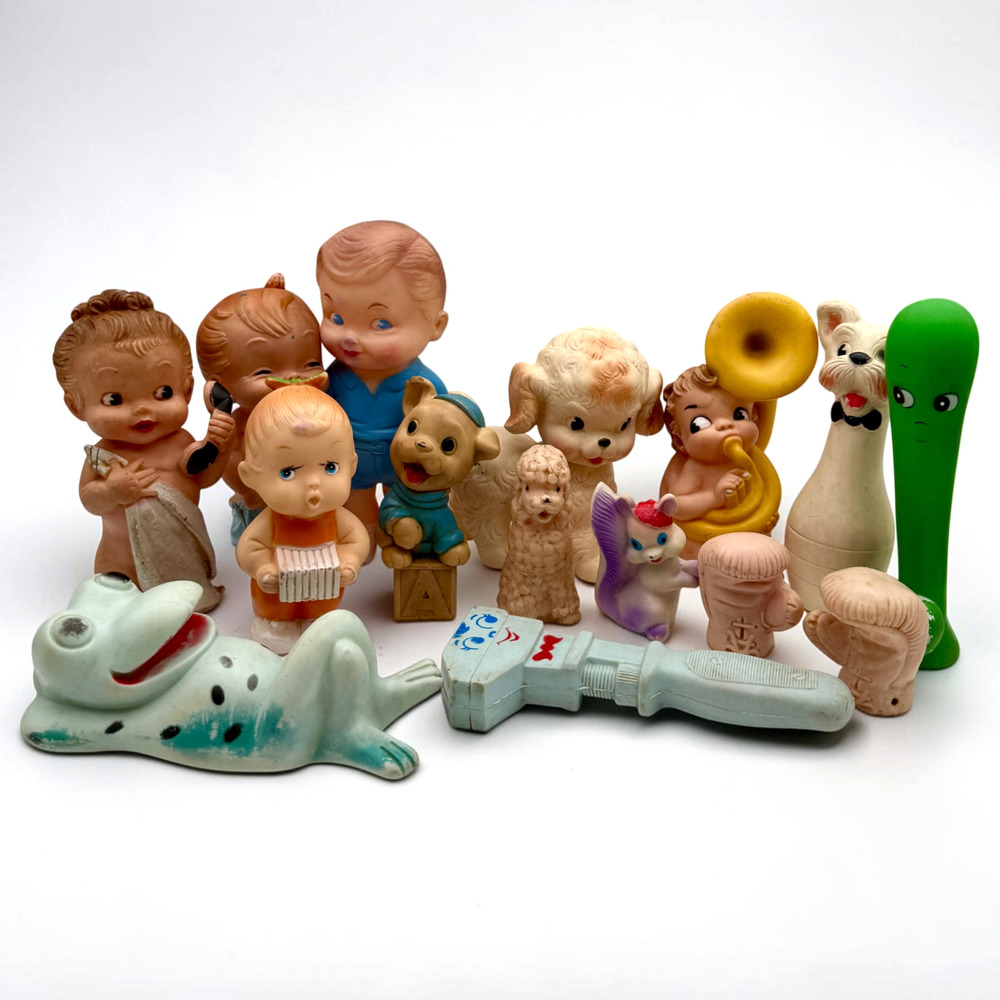 Lot of 14 Vintage Rubber Squeak Toys Baby Dog Frog Squirrel Boy Mobley 1950s MCM